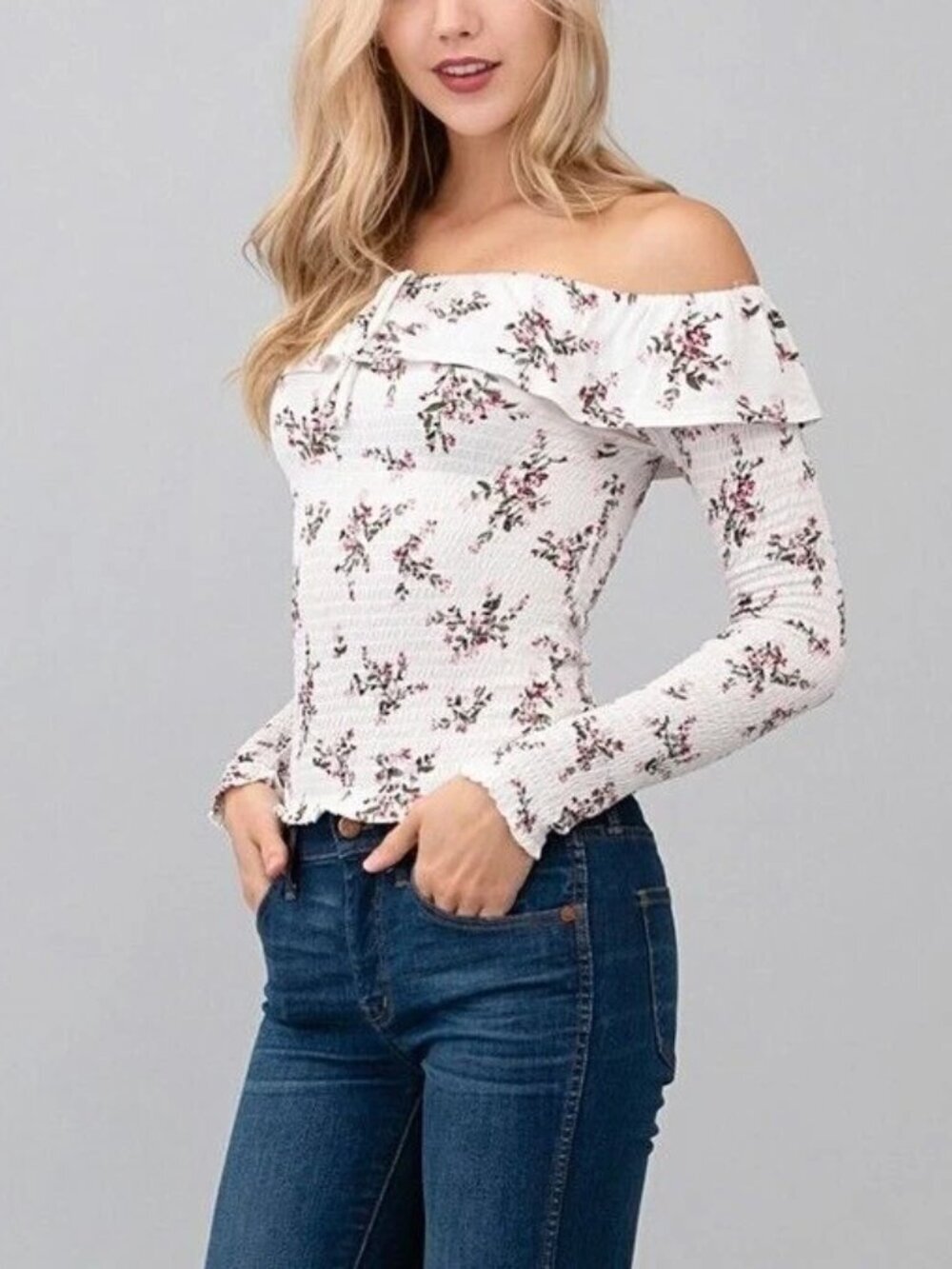 Smocked Off Shoulder Crop Top Stretch Rayon Long Sleeve Peasant Boho Floral